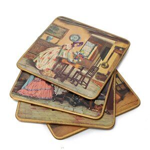 Vintage Win-El-Ware English Large Coasters Victorian Crinoline Pub x 6 with Case